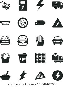 Solid Black Vector Icon Set - lightning vector, dangers, car, delivery, sausage, pizza, piece of, mini hot dog, big burger, a bowl buckwheat porridge, French fries, fried potato slices, coffe to go