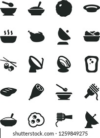 Solid Black Vector Icon Set - deep plate with a spoon vector, plates and spoons, spaghetti, noodles, bowl of buckwheat porridge, rice, hot, lettuce in, chicken, grill leg, chop, cabbage, omelette