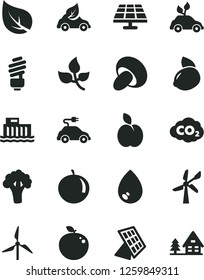 Solid Black Vector Icon Set - saving light bulb vector, drop, porcini, apple, tangerine, yellow lemon, delicious, broccoli, solar panel, leaves, leaf, windmill, wind energy, hydroelectric station