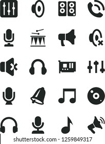 Solid Black Vector Icon Set - desktop microphone vector, loudspeaker, silent mode, drumroll, bell, regulator, no sound, phone call, megaphone, pc card, cd, headphones, speaker, note, settings