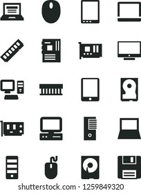 Solid Black Vector Icon Set - laptop vector, screen, computer, tablet pc, notebook, radiator fan, mouse, tower, motherboard, memory, card, hdd, floppy