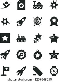 Solid Black Vector Icon Set - remove label vector, star gear, rocket, lunar rover, bang, medal, flag, ribbon, certificate, three stars, flying man, disco ball, starfish, compass