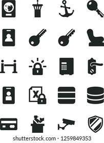 Solid Black Vector Icon Set - Baby chair vector, key, door knob, anchor, reverse side of a bank card, encrypting, big data, airport tower, rope barrier, identity, passort control, passport, access