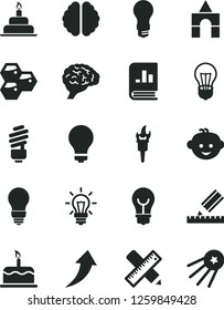 Solid Black Vector Icon Set - matte light bulb vector, children's hairdo, box of bricks, birthday cake, saving, writing accessories, drawing, honeycombs, book on statistics, brain, flame torch