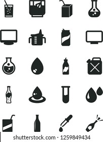 Solid Black Vector Icon Set - measuring cup for feeding vector, e, packing of juice with a straw, drop, glass soda, tea, can, bottle, liquor, round flask, canister, oil, monitor, test tube, pipette