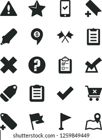 Solid Black Vector Icon Set - warning vector, add bookmark, check mark, cross, label, pennant, question, star, flag, crossed cart, survey, text highlighter, clipboard, flags, confirm, dollar pin