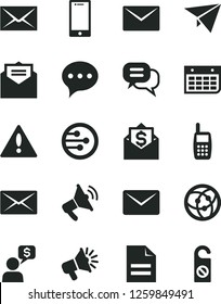 Solid Black Vector Icon Set - warning vector, envelope, scribbled paper, received letter, speech, smartphone, loudspeaker, wall calendar, mobile phone, network, mail, dialog, plane, money