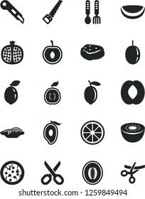 Solid Black Vector Icon Set - scissors vector, iron fork spoons, arm saw, stationery knife, pizza, slices of onion, piece meat, half pomegranate, mango, peach, melon, cherry, passion fruit, lemon