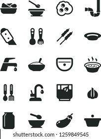 Solid Black Vector Icon Set - deep plate with a spoon vector, plates and spoons, plastic fork, iron, sink, siphon, knife, faucet mixer, kitchen, bowl of rice porridge, in saucepan, lettuce, barbecue