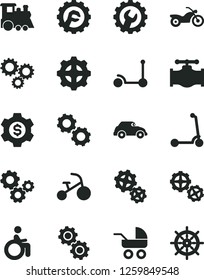 Solid Black Vector Icon Set - baby carriage vector, children's train, tricycle, Kick scooter, child, gears, gear, star, valve, retro car, three, dollar, motorcycle, disabled, handwheel