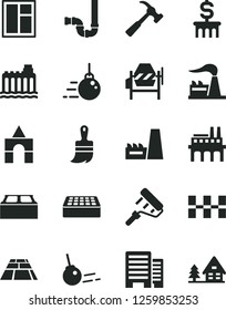 Solid Black Vector Icon Set - box of bricks vector, big core, concrete mixer, window, paint roller, wooden brush, siphon, buildings, ceramic tiles, brick, building block, paving slab, factory