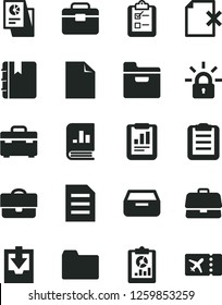 Solid Black Vector Icon Set - clean sheet of paper vector, folder, download archive data, portfolio, suitcase, notebook, drawer, delete page, survey, briefcase, statistical report, overview, file