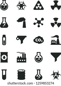 Solid Black Vector Icon Set - round flask vector, manufacture, factory, oil, barrel, industrial building, radiation, carbon dyoxide, filter, water, test tube, molecule, nuclear, biohazard