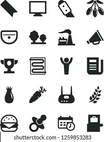 Solid Black Vector Icon Set - monitor vector, bookmark, horn, dummy, sink, knife, heating coil, big burger, carrot, rose hip, goji berry, factory, trees, newspaper, router, schedule clock, prize
