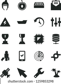 Solid Black Vector Icon Set - repair key vector, danger of electricity, bath, winter hat, brick, received letter, big data server, half cherry, smd, history, cursor, dna, settings, satellite, radar