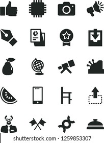 Solid Black Vector Icon Set - camera vector, download archive data, a chair for feeding, smartphone, move up, pear, slice of water melon, loudspeaker, statistical research, cashbox, cpu, telescope