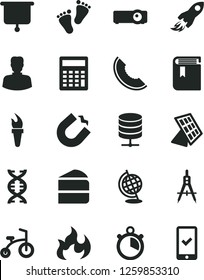 Solid Black Vector Icon Set - calculator vector, book, footprints, child bicycle, big data server, piece of cake, slice melon, horseshoe magnet, Measuring compasses, woman, space rocket, projector