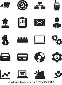 Solid Black Vector Icon Set - laptop vector, graph, brick, employee, flowchart, drawer, reverse side of a bank card, statistical report, ring diagram, mobile phone, urgent cargo, cashbox, mail, gear