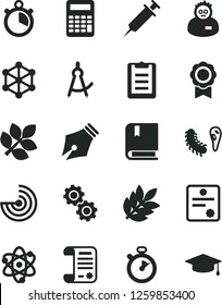 Solid Black Vector Icon Set - vector e, research article, atom, gears, bactery, scientist, clipboard, calculator, drawing compass, radar, medal, biology, syringe, stopwatch, patente, 3d cube