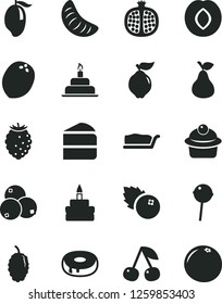 Solid Black Vector Icon Set - birthday cake vector, muffin, piece of, slice, with a hole, Chupa Chups, blueberries, pear, cherry, half pomegranate, quince, plum, tasty raspberry, mulberry, mango