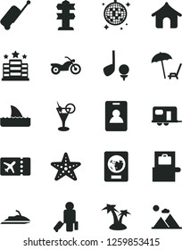 Solid Black Vector Icon Set - camper vector, motorcycle, identity card, passenger, baggage scanner, passport, plane ticket, rolling case, boungalow, arnchair under umbrella, palm tree, cocktail