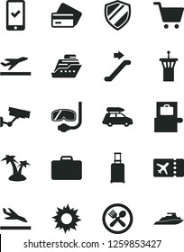 Solid Black Vector Icon Set - car baggage vector, airport tower, escalator, suitcase, rolling, scanner, plane ticket, phone registration, departure, arrival, credit card, sun, palm tree, cafe, cart
