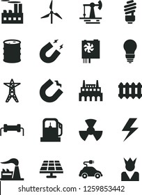 Solid Black Vector Icon Set - lightning vector, saving light bulb, new radiator, solar panel, working oil derrick, gas station, windmill, factory, barrel, power line, industrial building, radiation