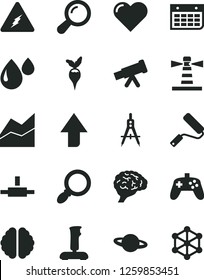 Solid Black Vector Icon Set - upward direction vector, line chart, new roller, heart, planet, radish, drop, Measuring compasses, lighthouse, wall calendar, connect, magnifier, joystick, telescope