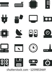 Solid Black Vector Icon Set - plug vector, satellite antenna, wall watch, computer, radiator fan, keyboard, pc tower, cpu, gpu card, monitor, web camera, router, usb flash, speaker, browser, floppy