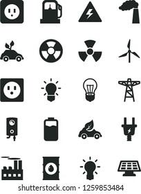 Solid Black Vector Icon Set - danger of electricity vector, power socket type b, boiler, charge level, gas station, windmill, manufacture, oil, bulb, pole, electric plug, industrial building