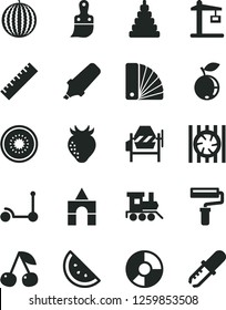 Solid Black Vector Icon Set - paint roller vector, yardstick, stacking toy, baby train, box of bricks, Kick scooter, concrete mixer, color samples, plastic brush, orange slice, cherry, strawberry