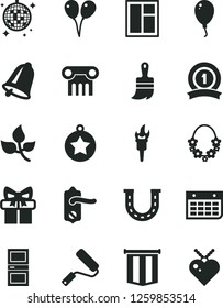 Solid Black Vector Icon Set - colored air balloons vector, balloon, window, new roller, wooden paint brush, door knob, interroom, bell, leaves, wall calendar, gift, flame torch, star medal, ribbon