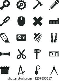 Solid Black Vector Icon Set - scissors vector, graphite pencil, cross, electronic thermometer e, iron fork spoons, construction level, plummet, spatula, star gear, knife, hammer with claw, calipers