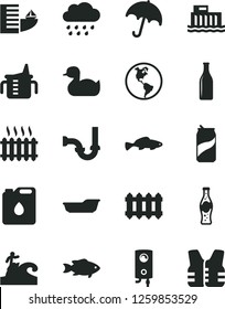 Solid Black Vector Icon Set - measuring cup for feeding vector, rubber duck, bath, rainy cloud, sewerage, new radiator, boiler, umbrella, small fish, soda can, bottle of, planet Earth, canister oil