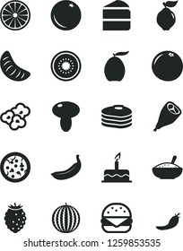 Solid Black Vector Icon Set - cake vector, pizza, big burger, mushroom, piece of, a bowl rice porridge, grill chicken leg, popcorn, pancakes, orange, quince, tasty raspberry, water melon, loquat