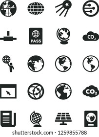 Solid Black Vector Icon Set - sign of the planet vector, passport, solar panel, Earth, CO2, carbon dyoxide, globe, newspaper, network, browser, connect, man hold world, first satellite