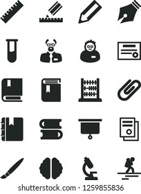 Solid Black Vector Icon Set - tassel vector, yardstick, book, e, books, abacus, drawing, notebook, clip, pencil, scientific publication, test tube, microscope, brain, scientist, presentation board
