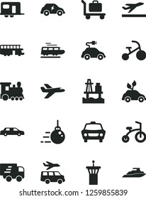 Solid Black Vector Icon Set - child bicycle vector, tricycle, big core, car, sea port, environmentally friendly transport, electric, Express delivery, private plane, limousine, train, camper, bus