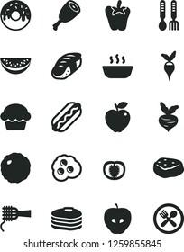 Solid Black Vector Icon Set - iron fork spoons vector, Hot Dog, noodles, cake, glazed with a hole, porridge, chicken thigh, cabbage, piece of meat, peper, sushi, omelette, pancakes, red apple, tasty