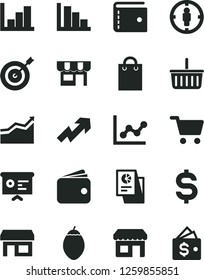Solid Black Vector Icon Set - grocery basket vector, purse, growth up, graph, negative histogram, positive, kiosk, tamarillo, stall, shopping cart, goal woman, denomination of the dollar, wallet