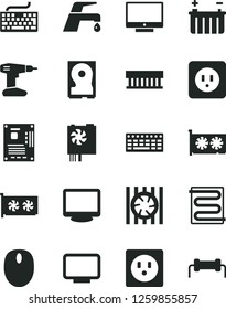 Solid Black Vector Icon Set - keyboard vector, drill, power socket type b, heating coil, faucet mixer, screen, battery, radiator fan, mouse, pc supply, motherboard, gpu card, monitor, hdd, resistor