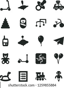 Solid Black Vector Icon Set - paper airplane vector, toys over the cot, dummy, new abacus, stacking toy, motor vehicle present, roly poly doll, mobile phone, teddy bear, baby train, yule, small