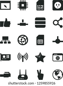 Solid Black Vector Icon Set - power socket type b vector, star, thumb up, SIM card, connections, scheme, cpu, pc, router, network, browser, connect, lan connector, wireless, big data, victory hand
