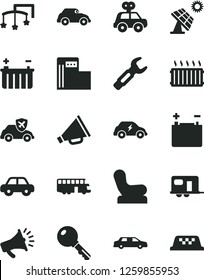 Solid Black Vector Icon Set - horn vector, toys over the cot, Baby chair, motor vehicle, present, key, big solar panel, modern gas station, accumulator, battery, electric transport, retro car, bus