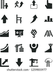 Solid Black Vector Icon Set - upward direction vector, downward, growth chart, a chair for feeding, crane, tower, hook, ladder, index finger, move up, financial report, man arrow, graph, with, hands