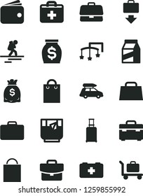 Solid Black Vector Icon Set - paper bag vector, first aid kit, toys over the cot, of a paramedic, suitcase, package, glass tea, briefcase, wallet, money, dollars, hand, car baggage, backpacker