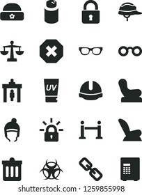 Solid Black Vector Icon Set - mark of injury vector, spectacles, scales, powder, Baby chair, car child seat, winter hat, warm, construction helmet, dust bin, lock, encrypting, glasses, biohazard