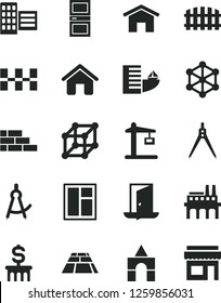 Solid Black Vector Icon Set - box of bricks vector, house, brick wall, window, interroom door, city block, ceramic tiles, fence, paving slab, home, industrial enterprise, Construction crane, 3d cube