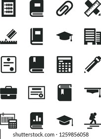 Solid Black Vector Icon Set - clip vector, briefcase, graphite pencil, book, new abacus, e, buildings, writing accessories, drawing, calculation, square academic hat, on statistics, graduate