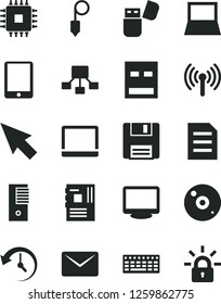 Solid Black Vector Icon Set - plummet vector, hierarchical scheme, tablet pc, notebook, keyboard, tower, motherboard, cpu, monitor, usb, cd, flash, floppy, wireless, mail, history, cursor, file